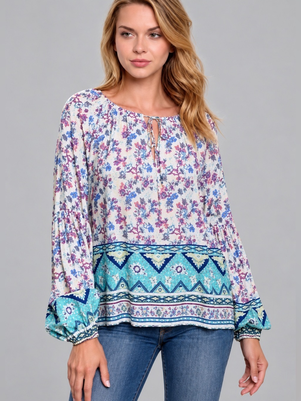 Love Riche Floral Border Print Keyhole Tie Boho Tunic Blouse M